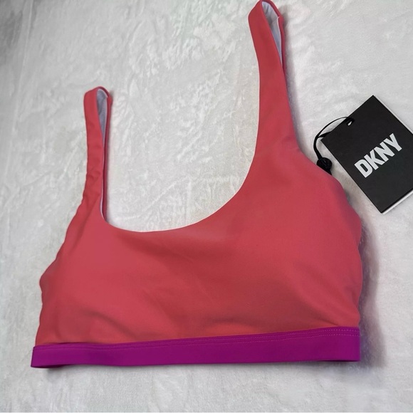 DKNY Bikini Swim Top Size L Pink Purple Band Logo Charm Padded New With Tags - Picture 3 of 14